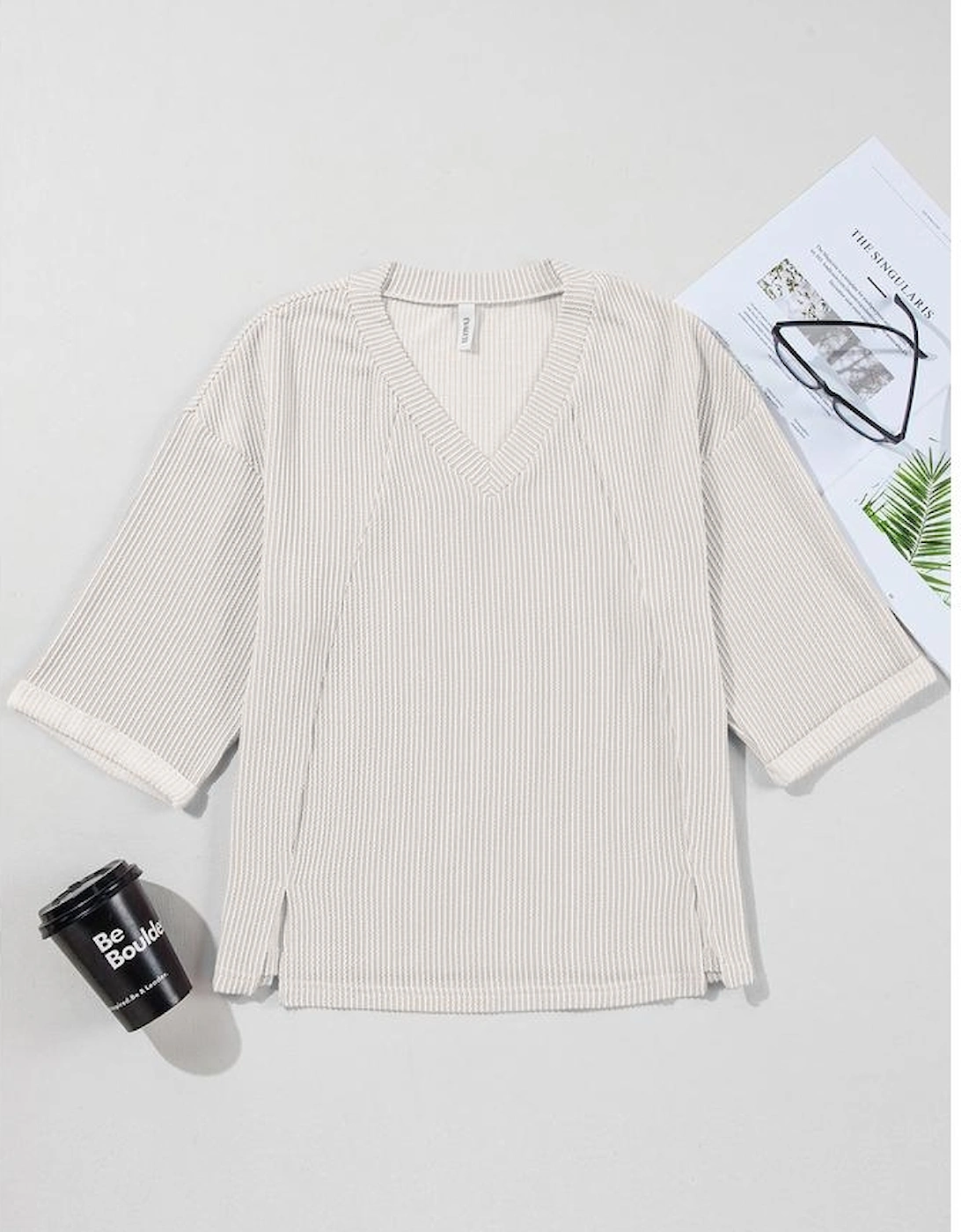 White Solid Color Corded Drop Shoulder 3/4 Sleeve V Neck Top, 13 of 12