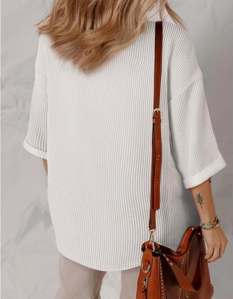 White Solid Color Corded Drop Shoulder 3/4 Sleeve V Neck Top