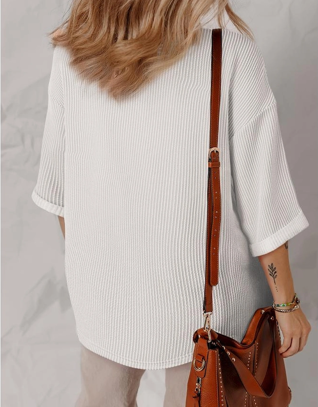White Solid Color Corded Drop Shoulder 3/4 Sleeve V Neck Top