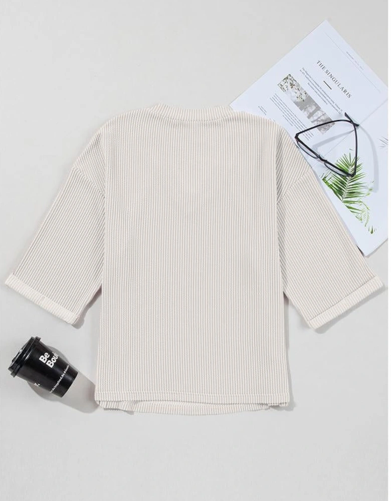 White Solid Color Corded Drop Shoulder 3/4 Sleeve V Neck Top