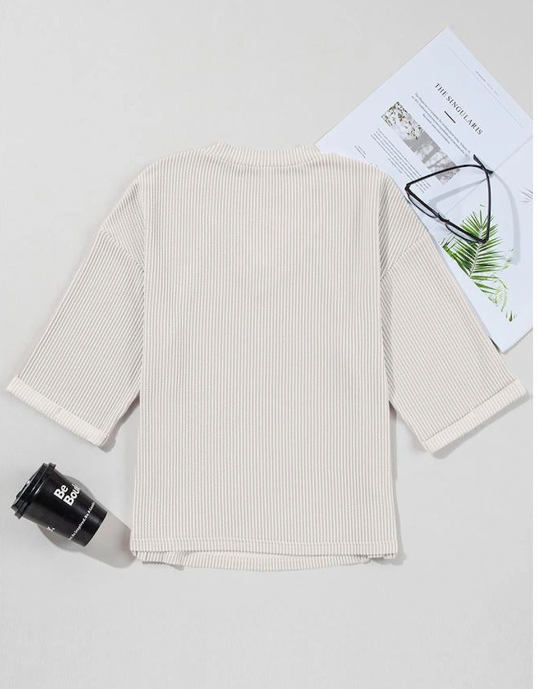 White Solid Color Corded Drop Shoulder 3/4 Sleeve V Neck Top