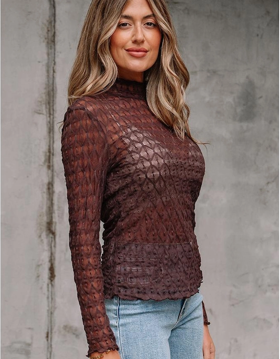Coffee Sheer Mesh Patterned Lettuce Trim Slim Long Sleeve Top