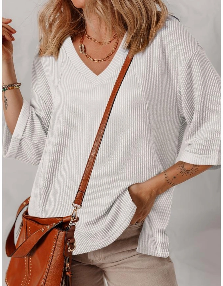 White Solid Color Corded Drop Shoulder 3/4 Sleeve V Neck Top