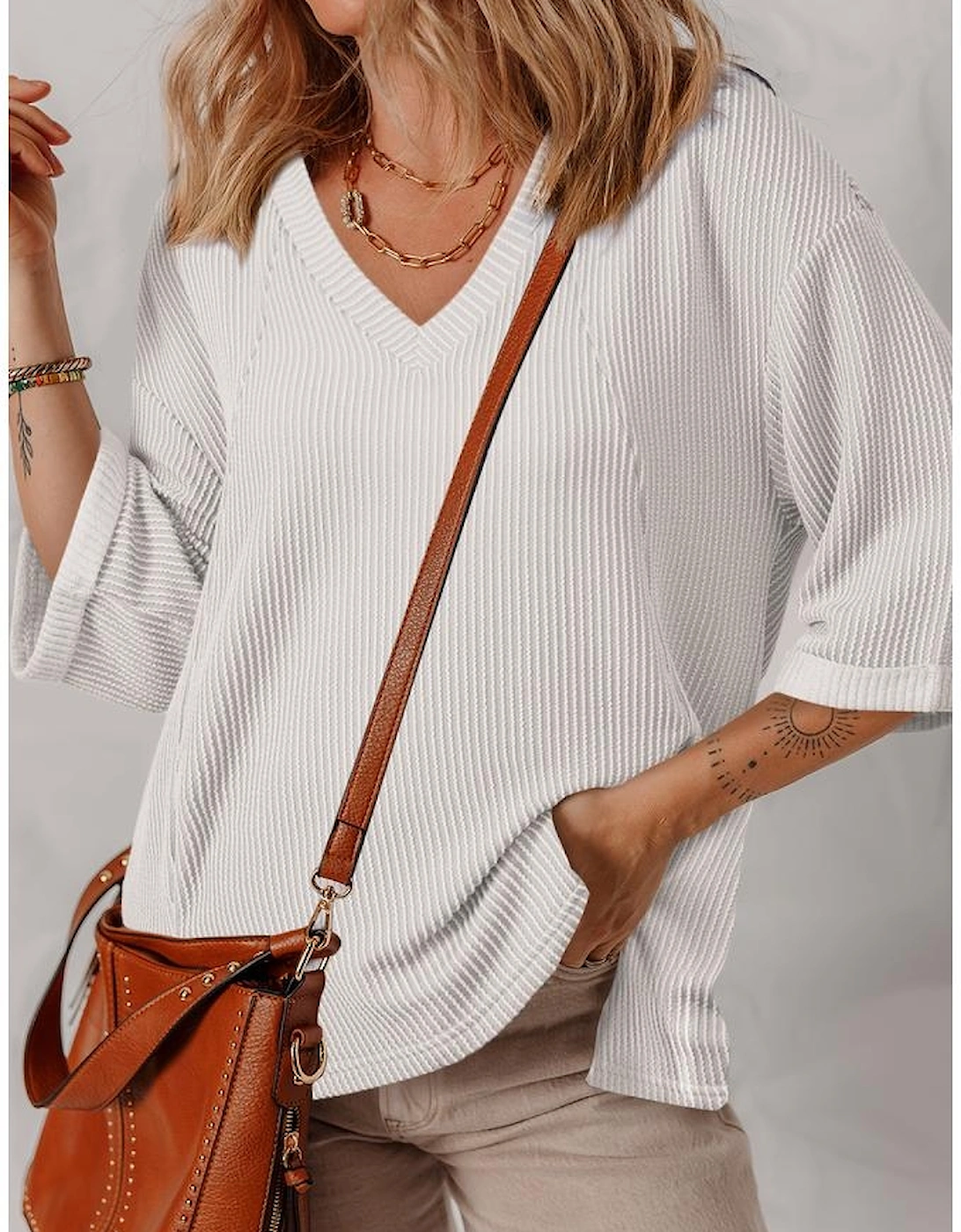 White Solid Color Corded Drop Shoulder 3/4 Sleeve V Neck Top