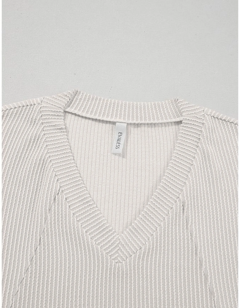 White Solid Color Corded Drop Shoulder 3/4 Sleeve V Neck Top