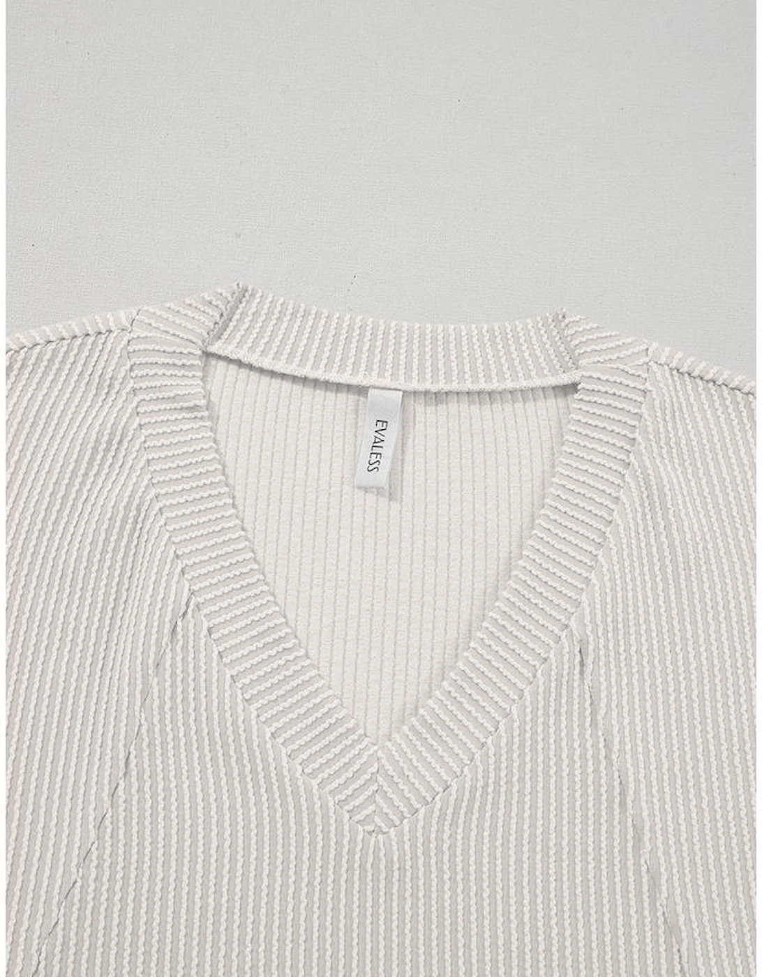 White Solid Color Corded Drop Shoulder 3/4 Sleeve V Neck Top