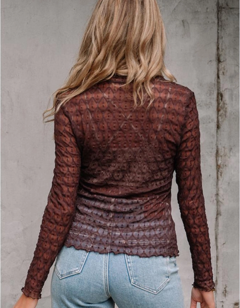 Coffee Sheer Mesh Patterned Lettuce Trim Slim Long Sleeve Top