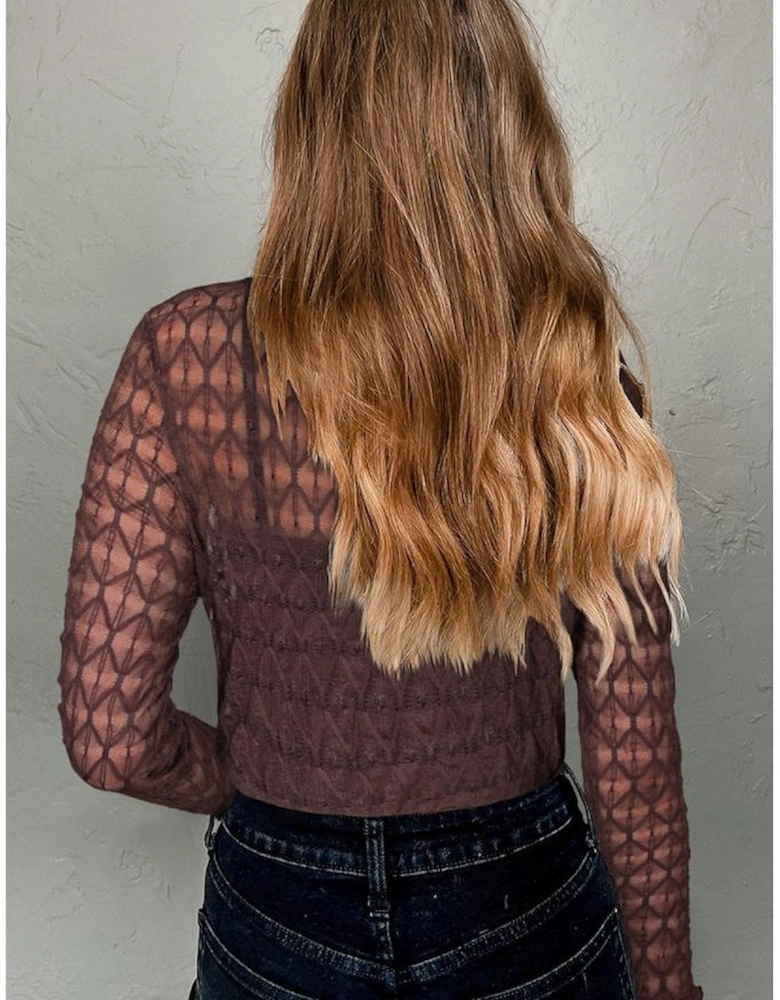 Coffee Sheer Mesh Patterned Lettuce Trim Slim Long Sleeve Top
