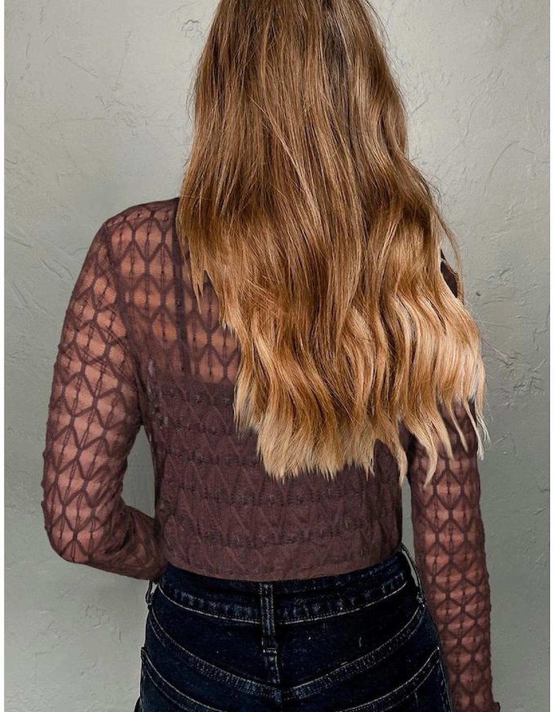 Coffee Sheer Mesh Patterned Lettuce Trim Slim Long Sleeve Top