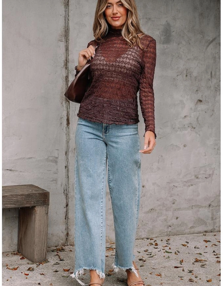 Coffee Sheer Mesh Patterned Lettuce Trim Slim Long Sleeve Top