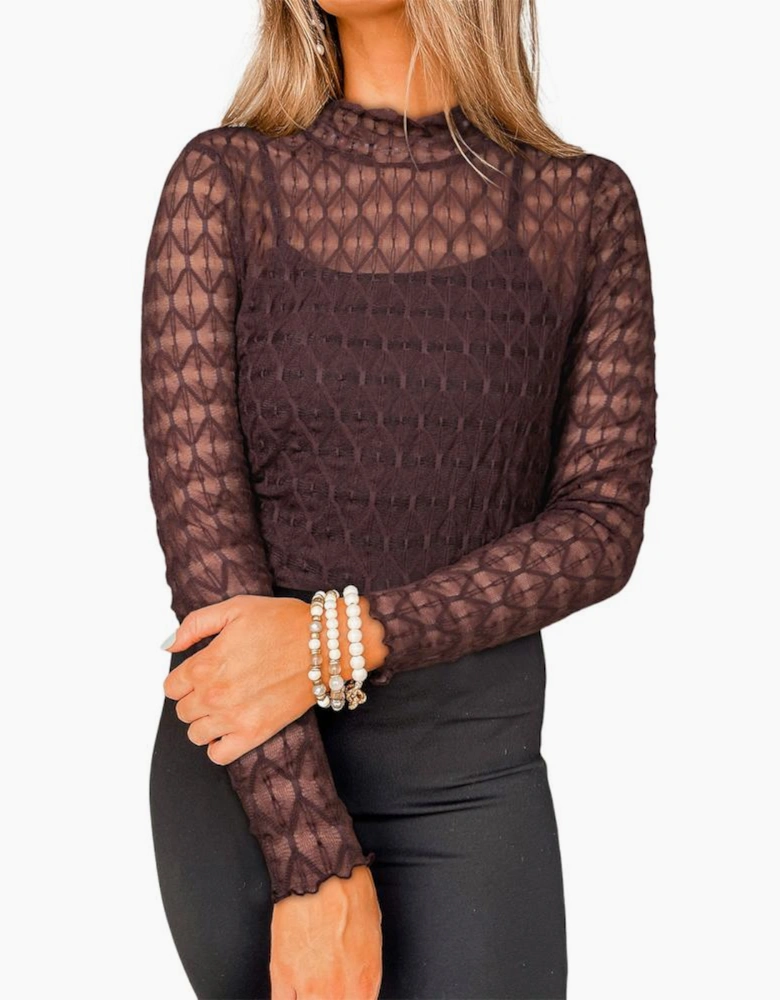 Coffee Sheer Mesh Patterned Lettuce Trim Slim Long Sleeve Top