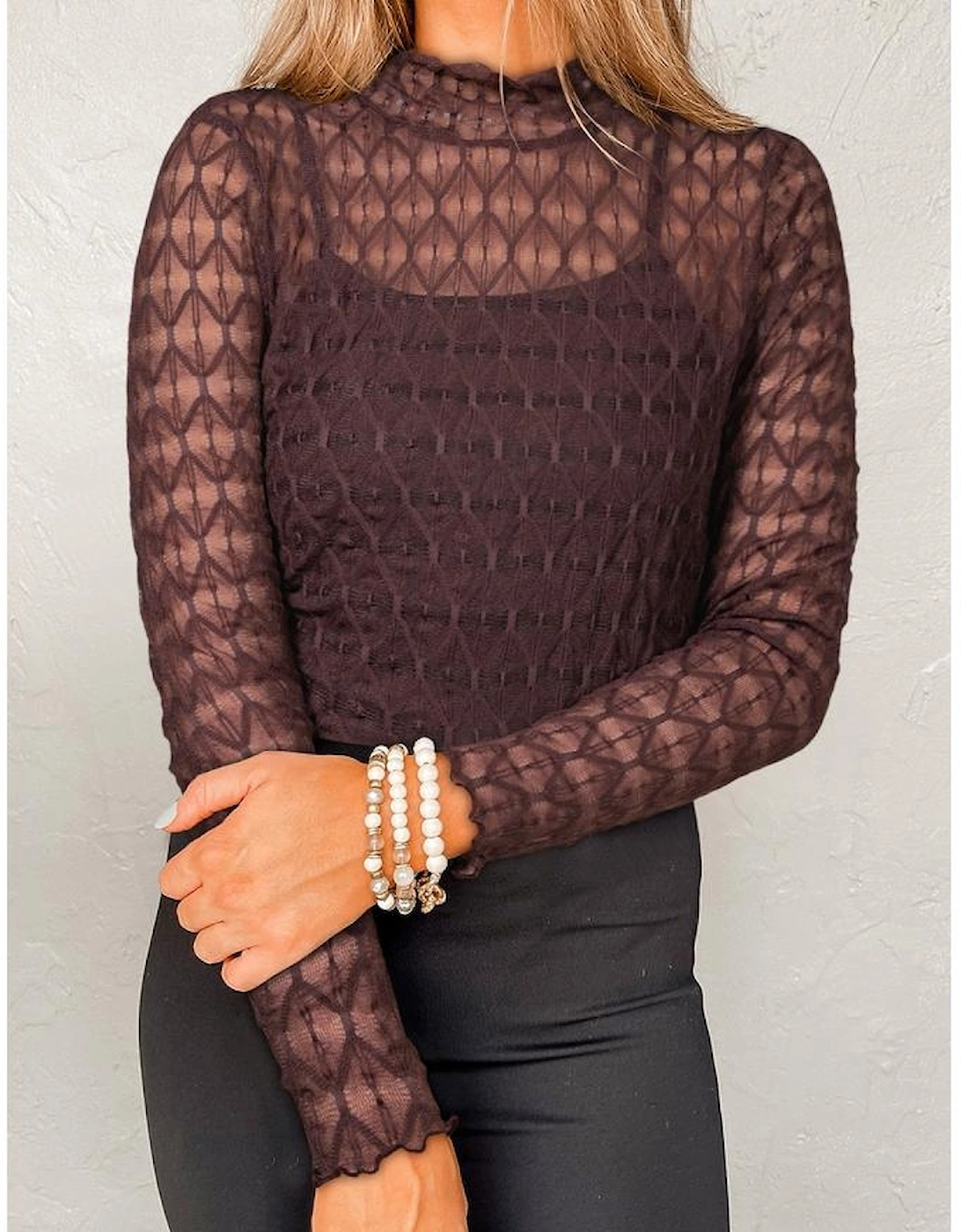 Coffee Sheer Mesh Patterned Lettuce Trim Slim Long Sleeve Top