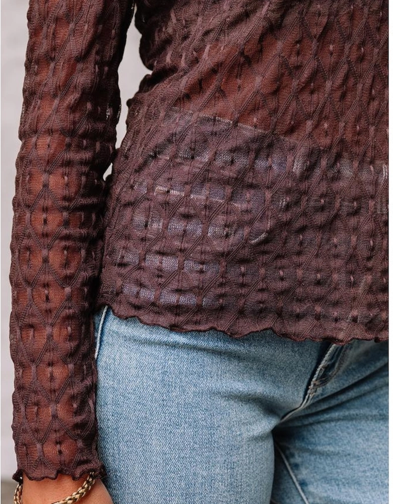 Coffee Sheer Mesh Patterned Lettuce Trim Slim Long Sleeve Top