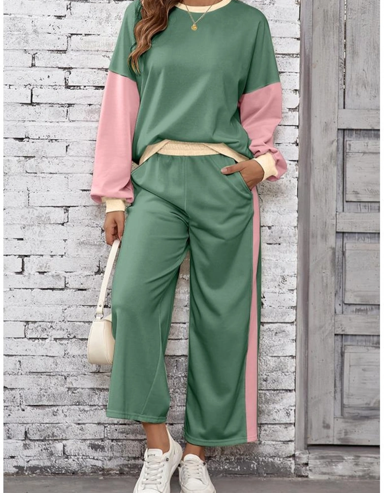 Mist Green 2pcs Color Block Pullover Loose Pant Set