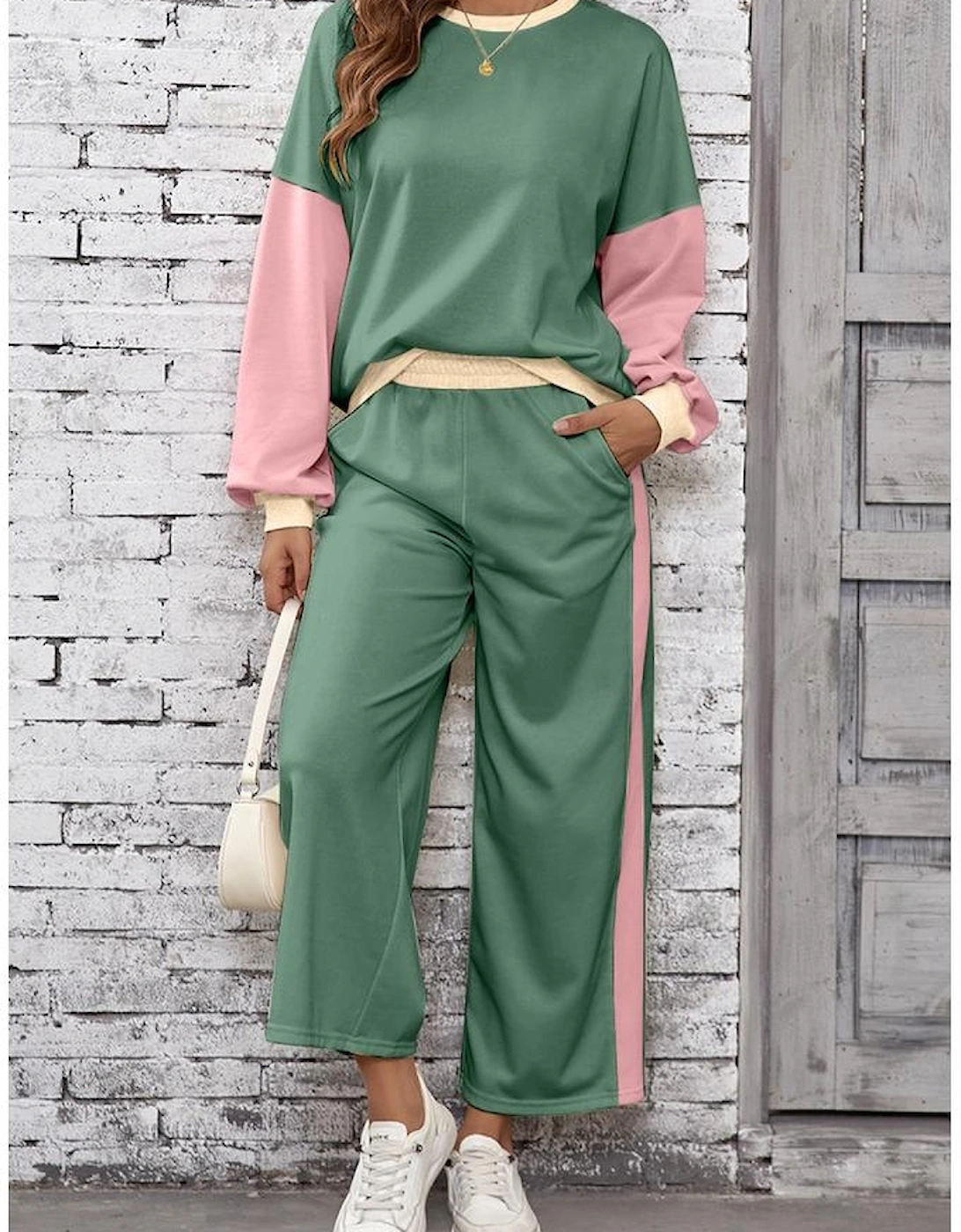 Mist Green 2pcs Color Block Pullover Loose Pant Set