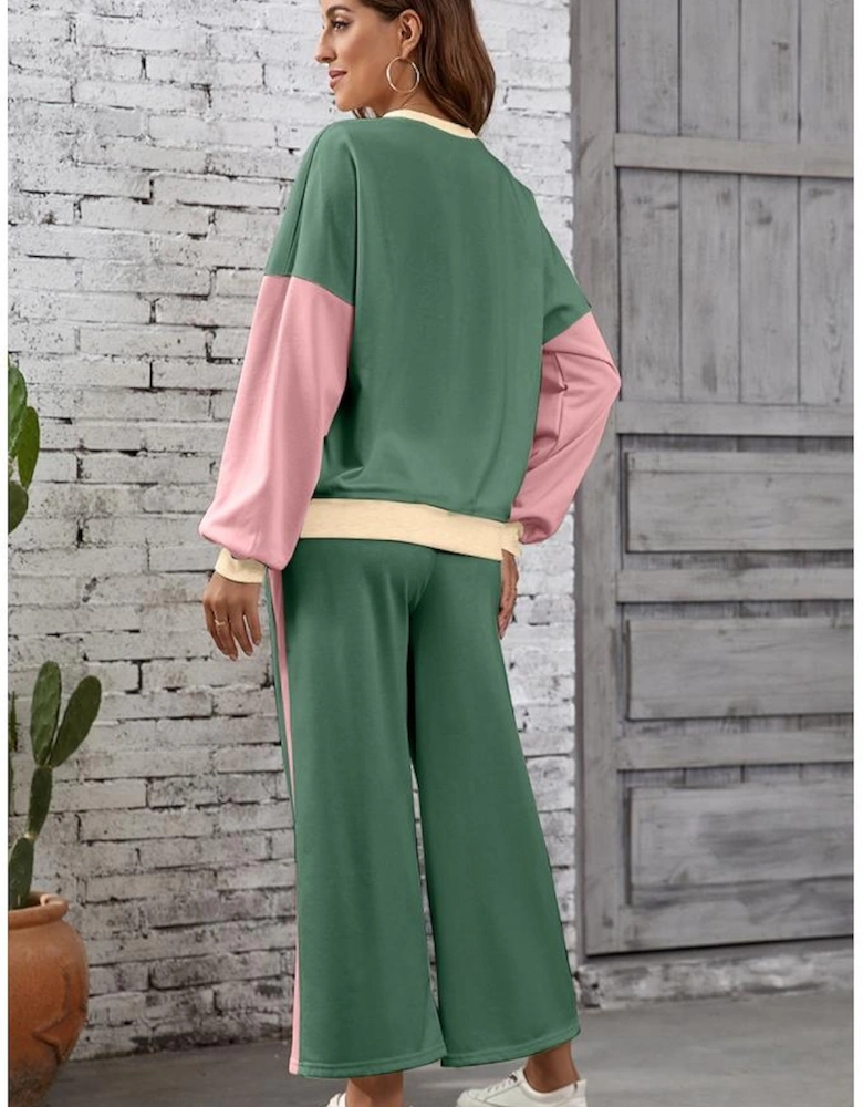 Mist Green 2pcs Color Block Pullover Loose Pant Set