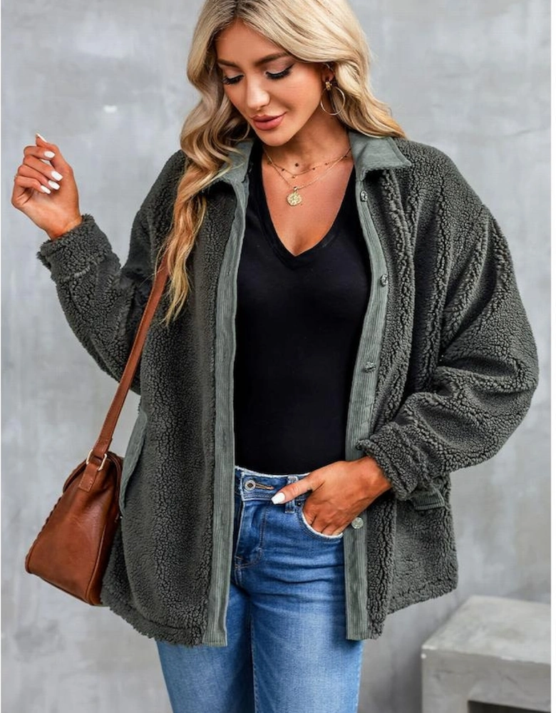 Gray Corduroy Trim Elbow Patch Sherpa Jacket