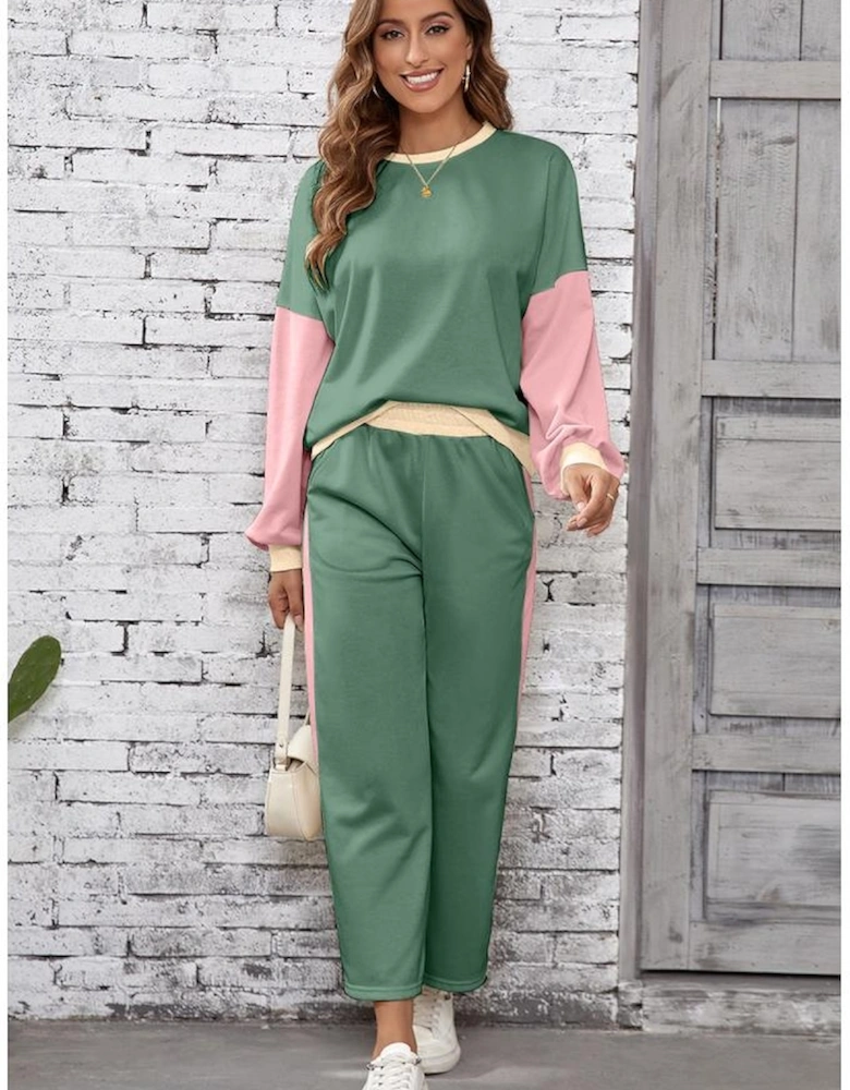 Mist Green 2pcs Color Block Pullover Loose Pant Set
