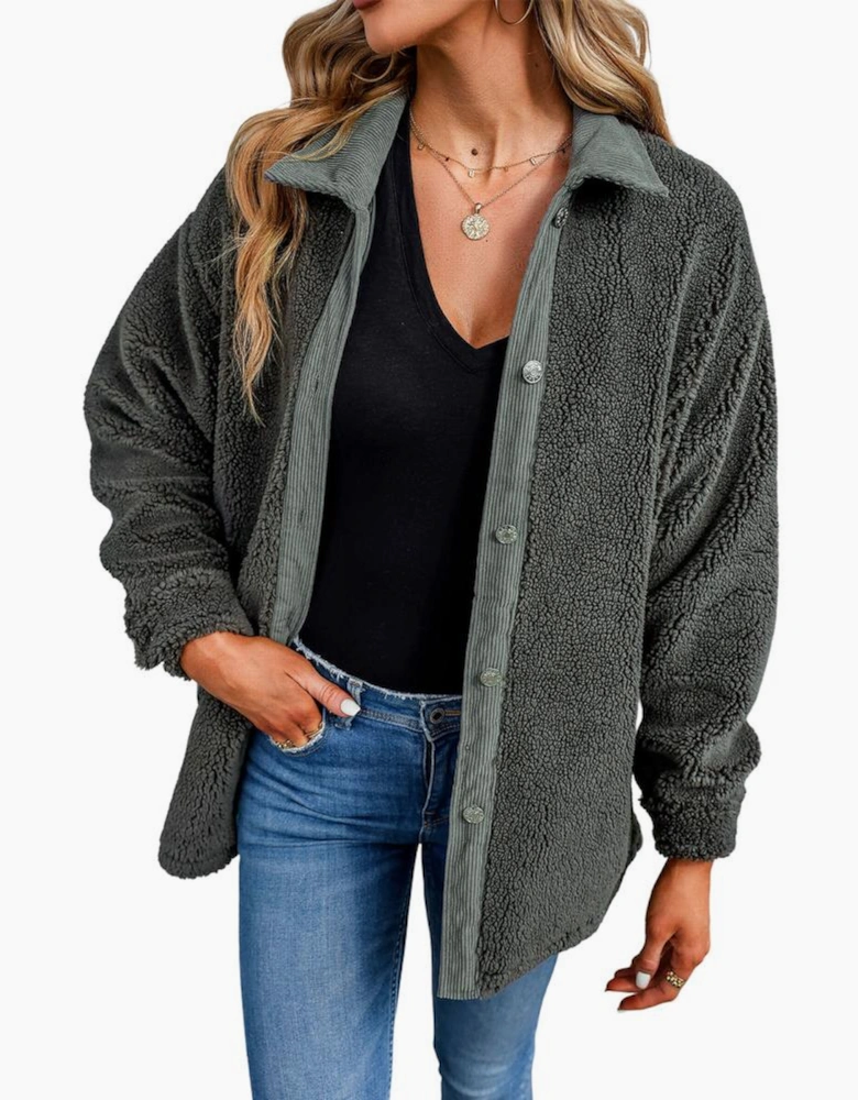 Gray Corduroy Trim Elbow Patch Sherpa Jacket