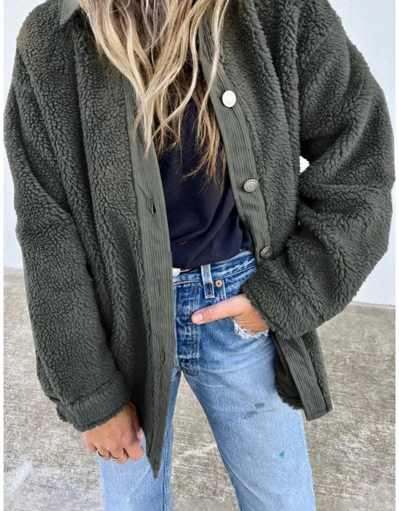 Gray Corduroy Trim Elbow Patch Sherpa Jacket