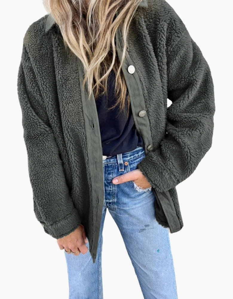 Gray Corduroy Trim Elbow Patch Sherpa Jacket