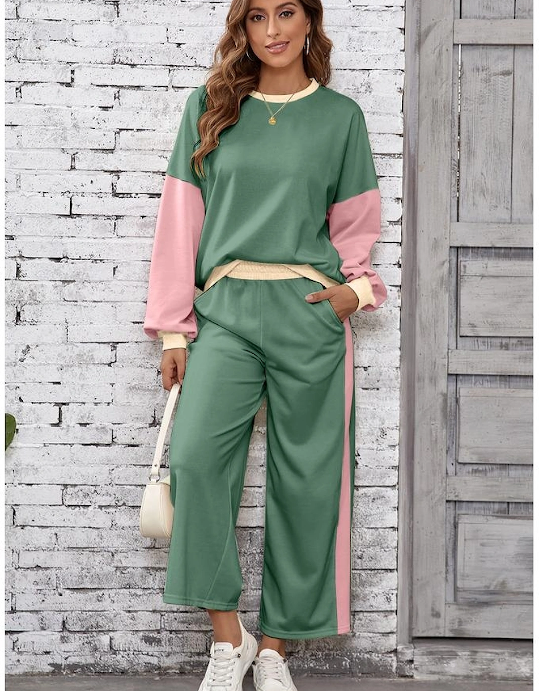 Mist Green 2pcs Color Block Pullover Loose Pant Set