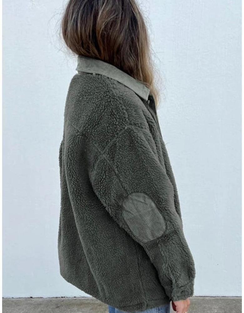 Gray Corduroy Trim Elbow Patch Sherpa Jacket