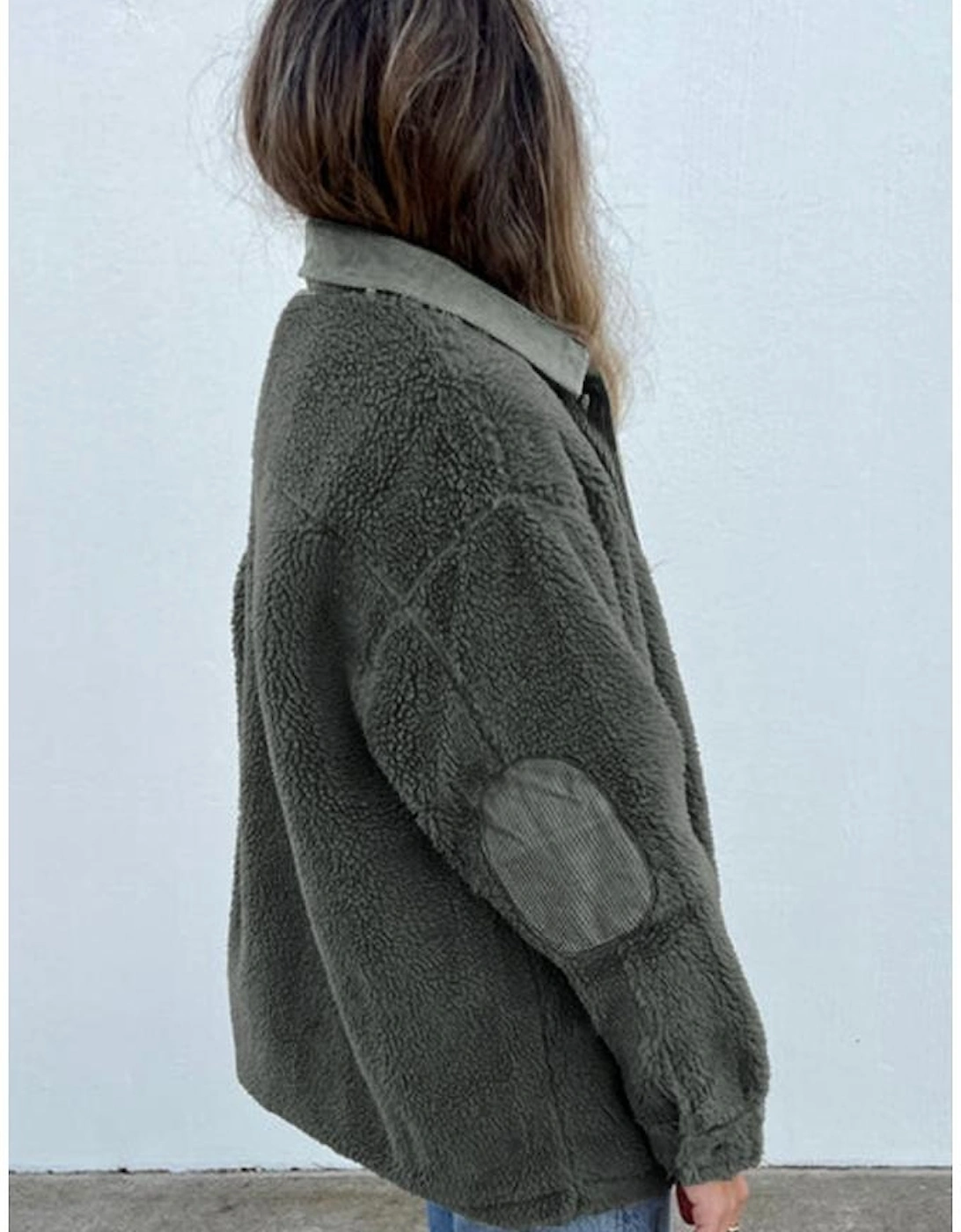 Gray Corduroy Trim Elbow Patch Sherpa Jacket