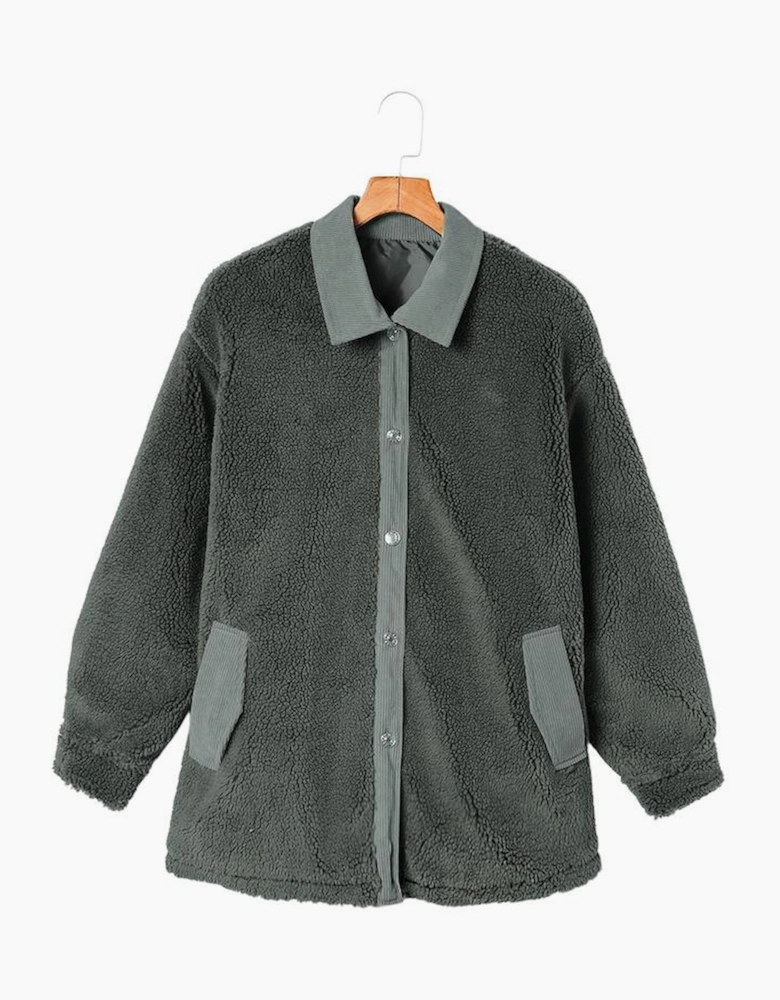 Gray Corduroy Trim Elbow Patch Sherpa Jacket