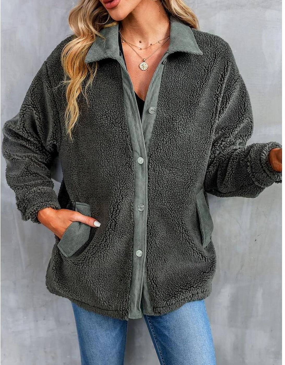 Gray Corduroy Trim Elbow Patch Sherpa Jacket