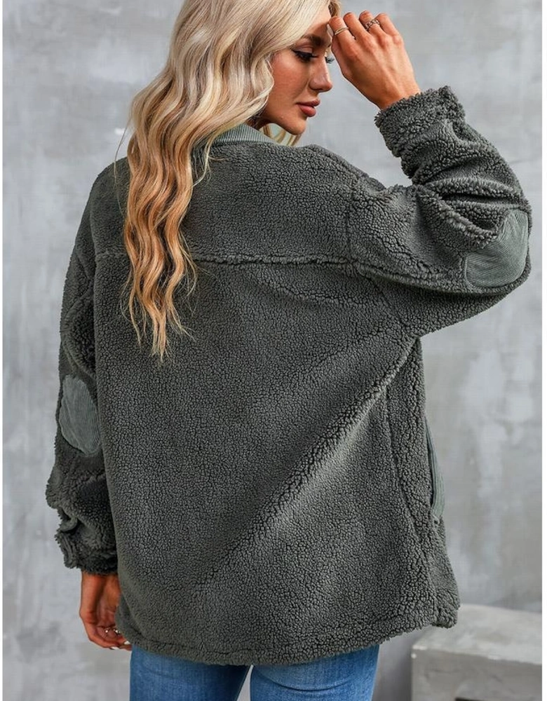 Gray Corduroy Trim Elbow Patch Sherpa Jacket