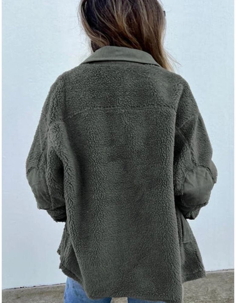 Gray Corduroy Trim Elbow Patch Sherpa Jacket