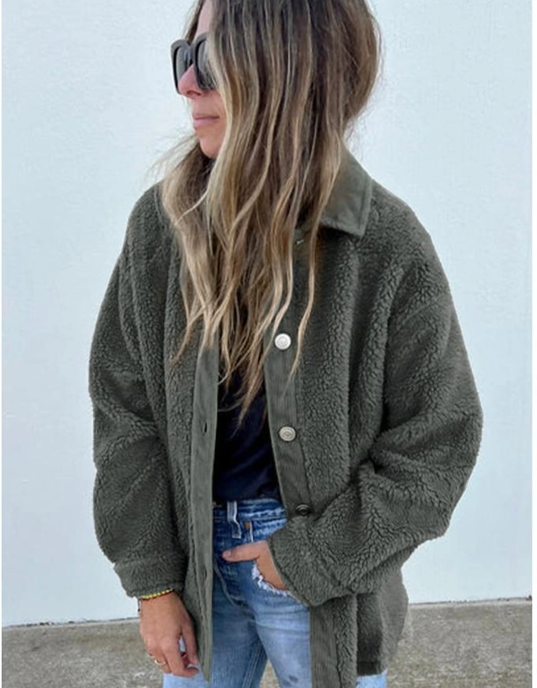 Gray Corduroy Trim Elbow Patch Sherpa Jacket