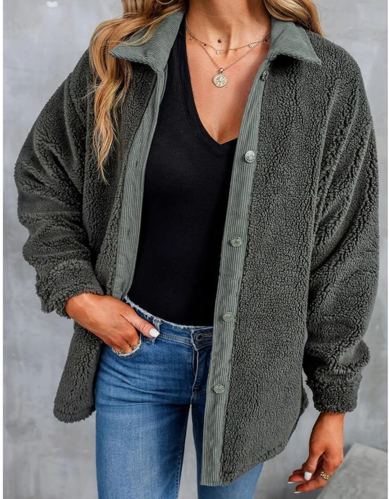 Gray Corduroy Trim Elbow Patch Sherpa Jacket