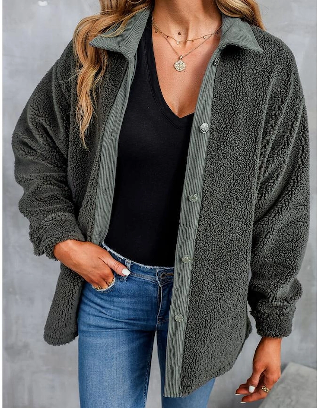 Gray Corduroy Trim Elbow Patch Sherpa Jacket