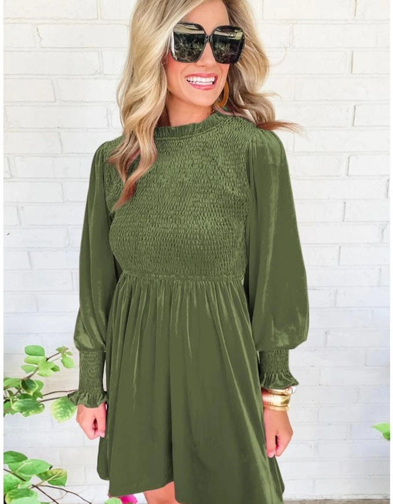 Moss Green Frilled Neck Smocked Bodice Velvet Dress
