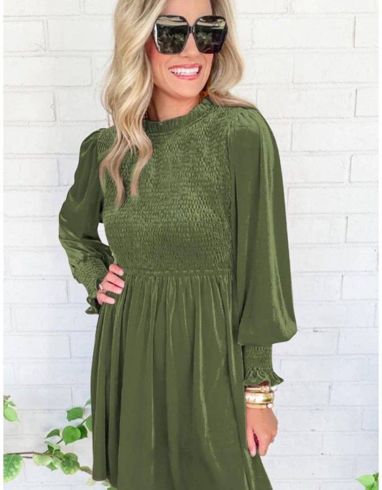 Moss Green Frilled Neck Smocked Bodice Velvet Dress