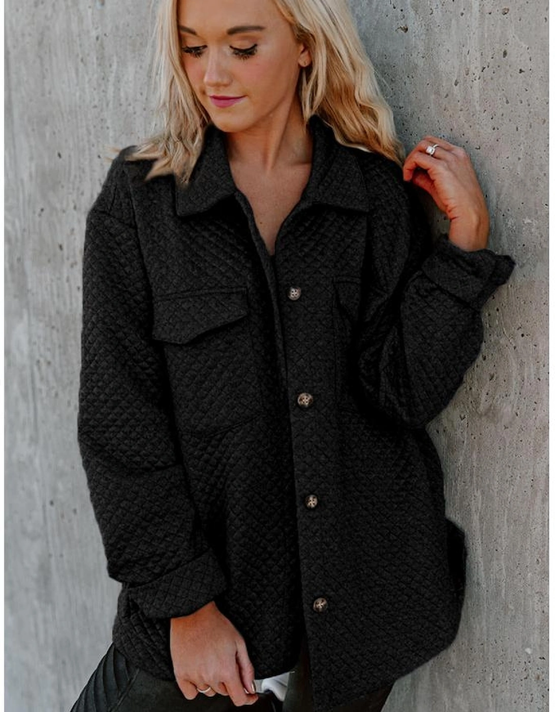 Black Retro Quilted Flap Pocket Button Shacket, 16 of 15