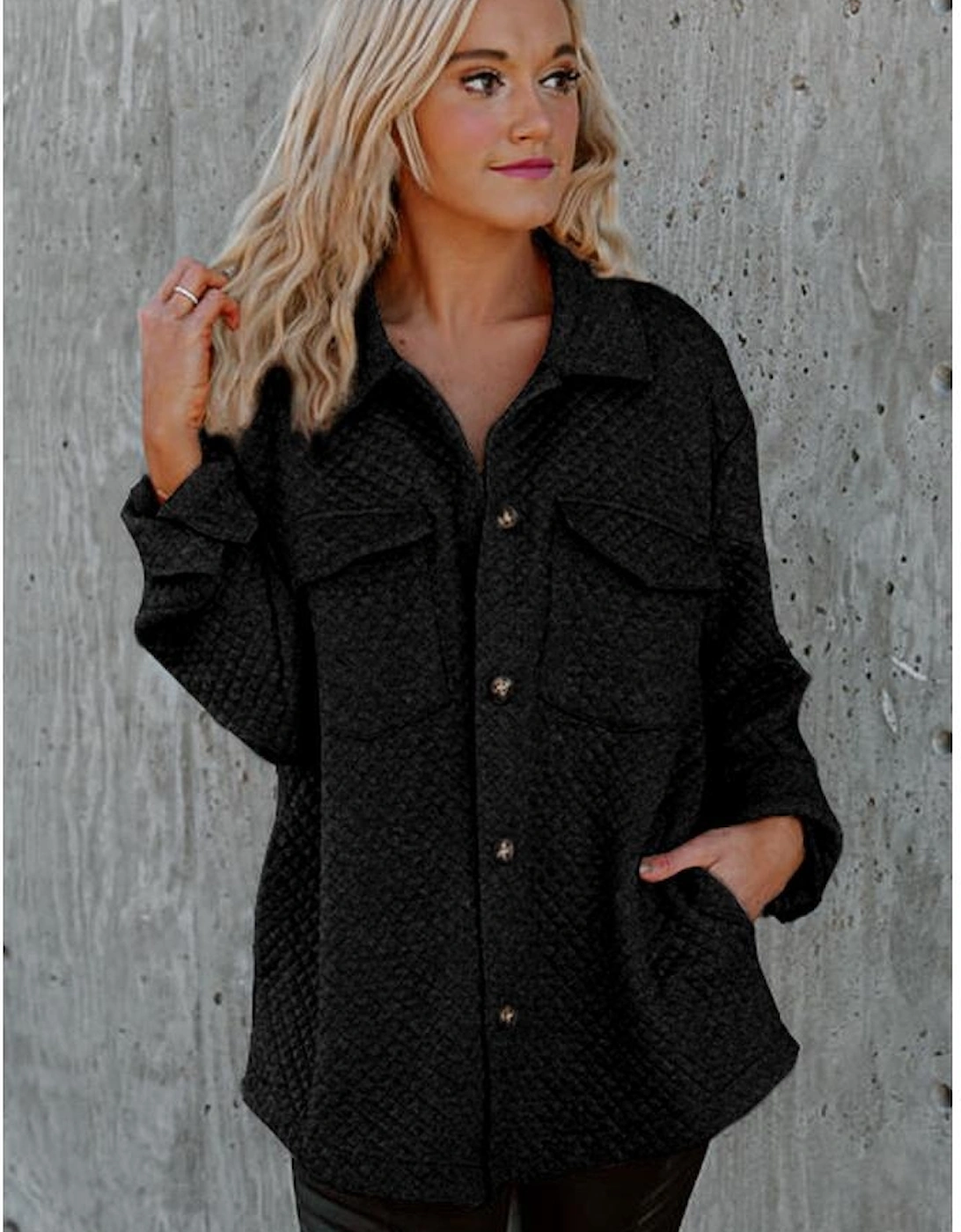 Black Retro Quilted Flap Pocket Button Shacket