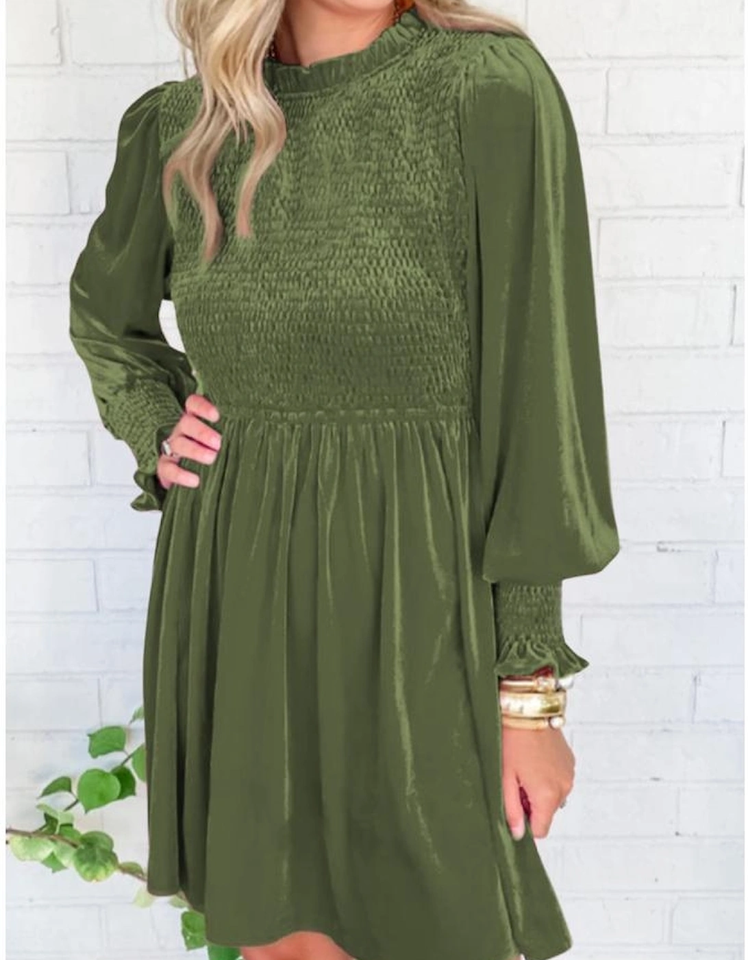 Moss Green Frilled Neck Smocked Bodice Velvet Dress