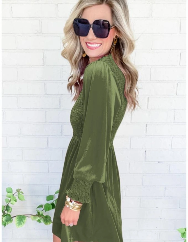 Moss Green Frilled Neck Smocked Bodice Velvet Dress