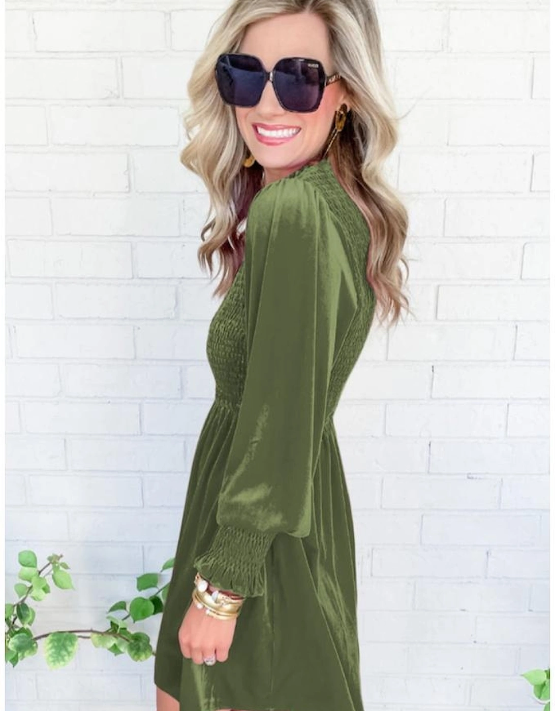 Moss Green Frilled Neck Smocked Bodice Velvet Dress