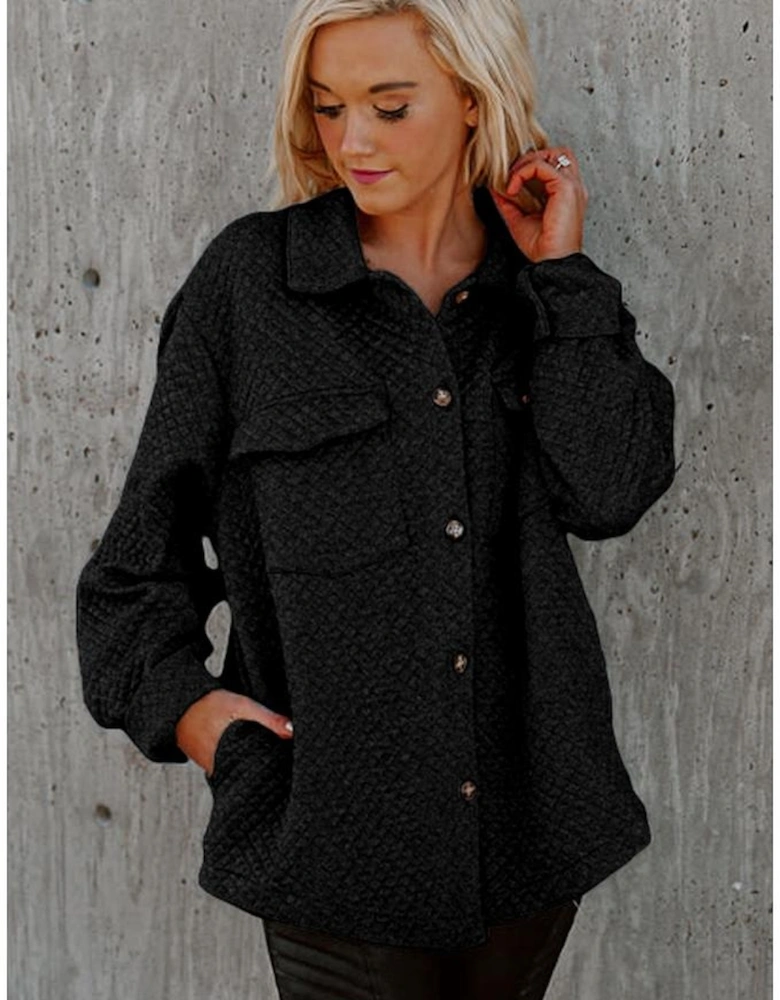 Black Retro Quilted Flap Pocket Button Shacket
