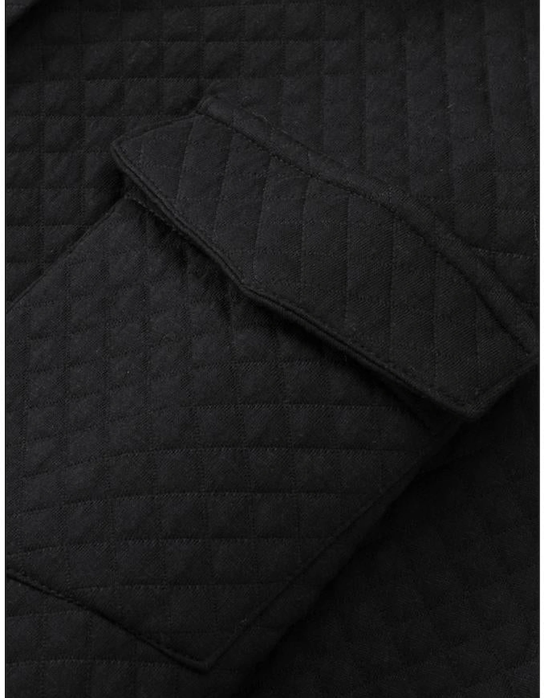 Black Retro Quilted Flap Pocket Button Shacket