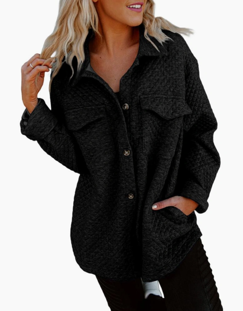 Black Retro Quilted Flap Pocket Button Shacket