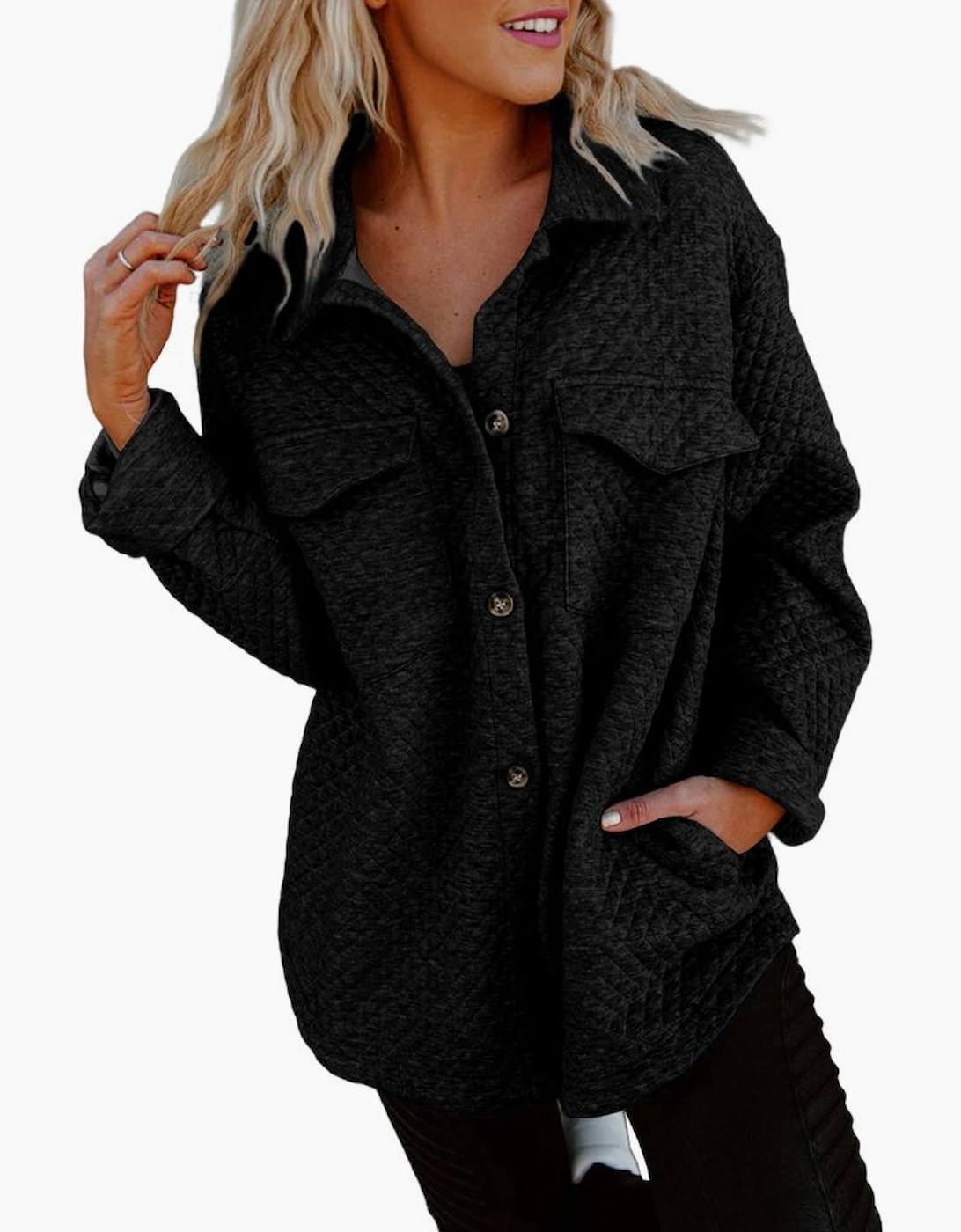 Black Retro Quilted Flap Pocket Button Shacket