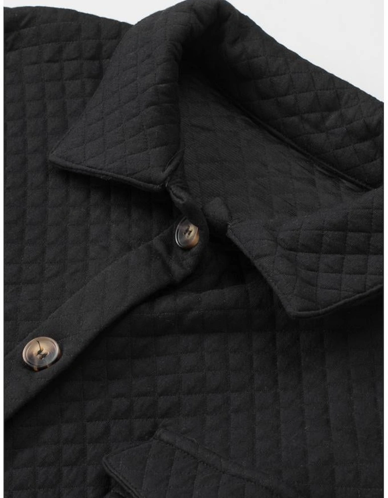 Black Retro Quilted Flap Pocket Button Shacket