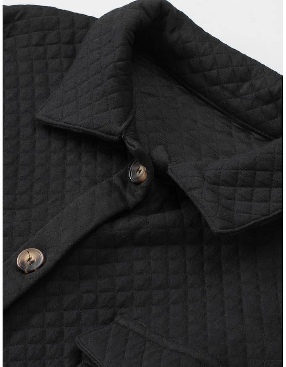 Black Retro Quilted Flap Pocket Button Shacket