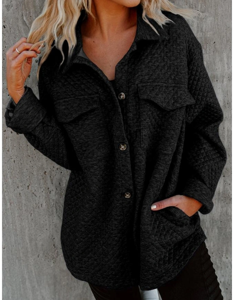 Black Retro Quilted Flap Pocket Button Shacket