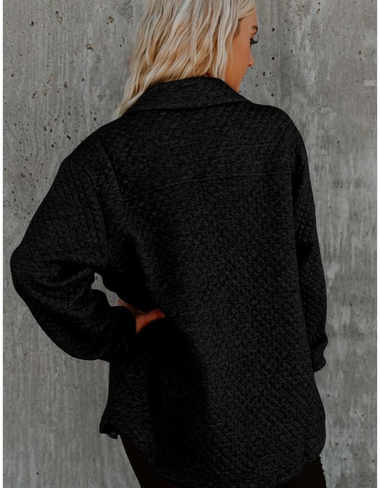 Black Retro Quilted Flap Pocket Button Shacket